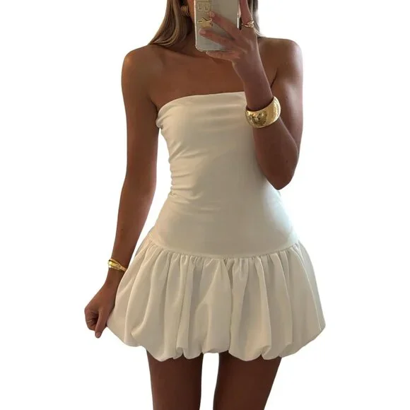 Women Strapless Mini Dress Cotton Blend Off Shoulder Bubble Skirt for Parties - Picture 1 of 7
